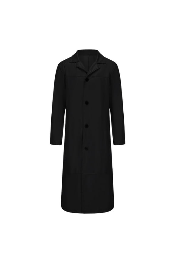 Men's Long Trench Coat Button Up Overcoat Solid Color Long Sleeve Outwear Winter Jacket Warm Thick Black S