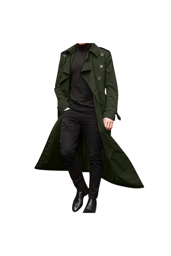 Men's Long Trench Coat Double-Breasted Lapel Overcoat Slim Fit Windbreaker Business Outwear with Belt