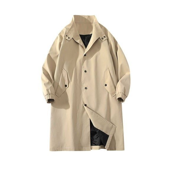 IYTR Men's Long Windbreaker Coats Fashion Stand Collar Solid Color Jackets Spring Autumn Winter Overcoat Slim Fit Outwear with Buttons Pockets Khaki L