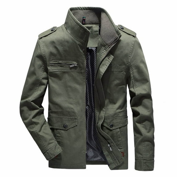 IYTR Men's Military Style Stand Collar Long Sleeve Slim Fit Pockets Zip Up Shirt Jacket Outwear Coats Army Green XL
