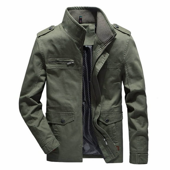 IYTR Men's Military Style Stand Collar Long Sleeve Slim Fit Pockets Zip Up Shirt Jacket Outwear Coats Army Green L