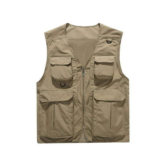 IYTR Men's Multi-Pocket Utility Waistcoat Lightweight Breathable Outdoor Fishing Waistcoat Sleeveless Jacket with Zipper Multiple Pockets Khaki XXXL