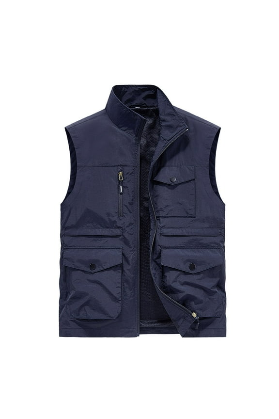 Men's Multi Pocket Utility Waistcoat Outdoor Sleeveless Jacket Lightweight Zipper Closure Hiking Fishing Camping Waistcoat Breathable Travel Waistcoat Gray Dark Blue M