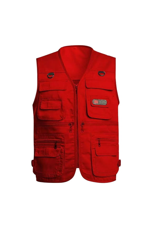 Men's Multi Pocket Waistcoat Lightweight Outdoor Utility Waistcoat Fishing Hunting Work Waistcoat with Zipper Pockets Breathable Sleeveless Jacket Red XL