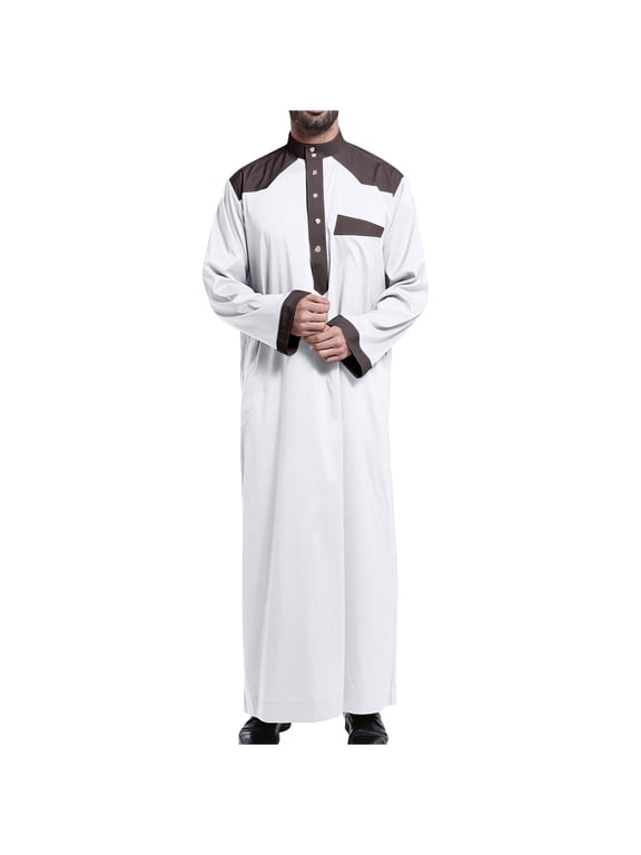 Men's Muslim Jubba Thobe Long Sleeve Arab Kaftan Islam Clothing Saudi Dubai Abaya Prayer Robes Caftan Ramadan Eid Mubarak Thobe Beige XXL