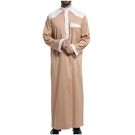 IYTR Men's Muslim Jubba Thobe Long Sleeve Arab Kaftan Islam Clothing Saudi Dubai Abaya Prayer Robes Caftan Ramadan Eid Mubarak Thobe Khaki M