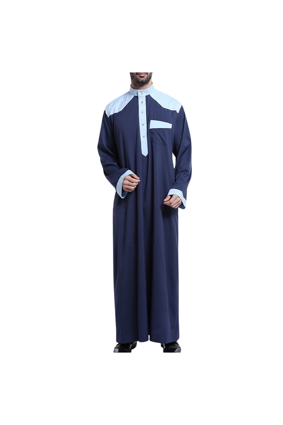 Men's Muslim Jubba Thobe Long Sleeve Arab Kaftan Islam Clothing Saudi Dubai Abaya Prayer Robes Caftan Ramadan Eid Mubarak Thobe Navy S