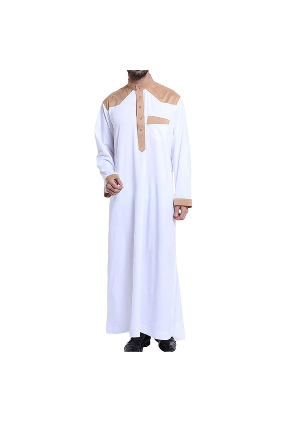Men's Muslim Jubba Thobe Long Sleeve Arab Kaftan Islam Clothing Saudi Dubai Abaya Prayer Robes Caftan Ramadan Eid Mubarak Thobe White XL