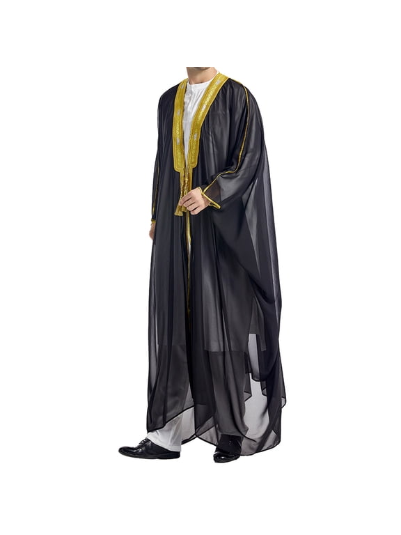 Men's Muslim Jubba Thobe Long Sleeve Cardigan Robe Kaftan Islam Prayer Long Gown Saudi Arabia White Clothing Eid Mubarak Gift Black M