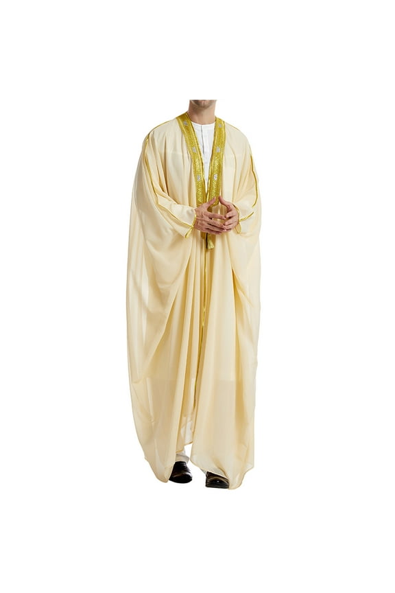 Men's Muslim Jubba Thobe Long Sleeve Cardigan Robe Kaftan Islam Prayer Long Gown Saudi Arabia White Clothing Eid Mubarak Gift Beige XL