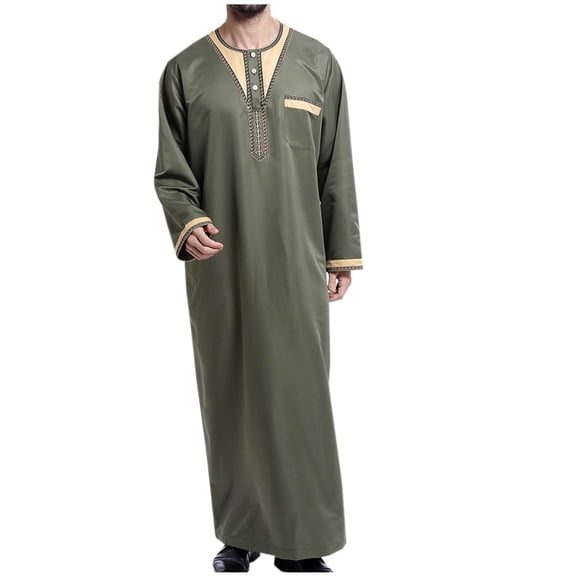 IYTR Men's Muslim Jubba Thobe Long Sleeve Kaftan Islamic Clothing Abaya Dubai Saudi Pakistan Arab Army Green XXL