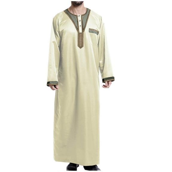 IYTR Men's Muslim Jubba Thobe Long Sleeve Kaftan Islamic Clothing Abaya Dubai Saudi Pakistan Arab Beige S