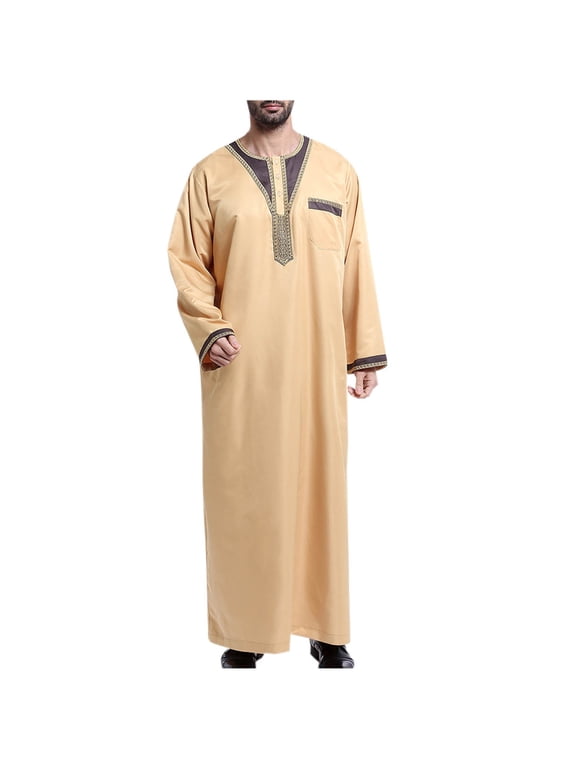 Men's Muslim Jubba Thobe Long Sleeve Kaftan Islamic Clothing Abaya Dubai Saudi Pakistan Arab Yellow XXXL