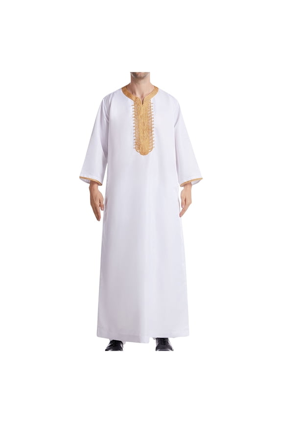 Men's Muslim Robe Fashion Embroidered Long Sleeve V-Neck Kaftan Loose Fit Maxi Dress Robe White L