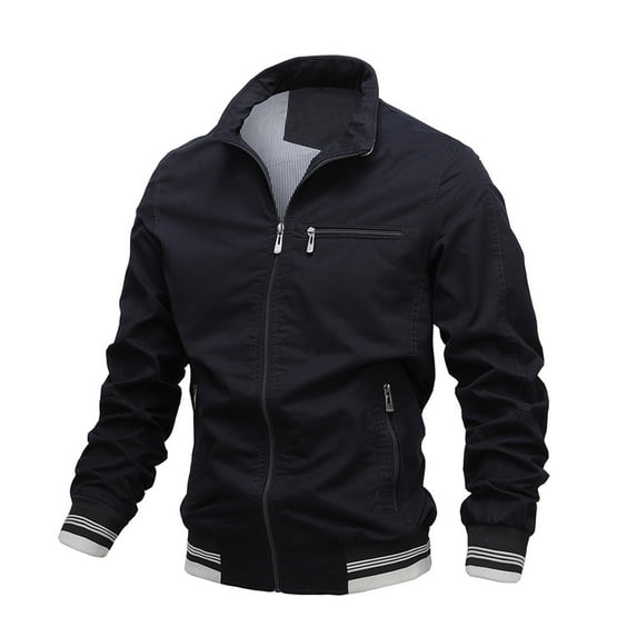 IYTR Men's New Style Solid Long Sleeve Stand Collar Flight Jackets with Zipper Pockets Black XL