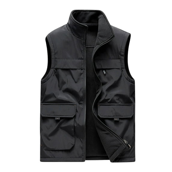 IYTR Men's Outdoor Fleece Vest Warm Sleeveless Jacket Stand Collar Multi-Pockets Waistcoat Male Winter Coats Windproof Thermal Vest Black XXXL