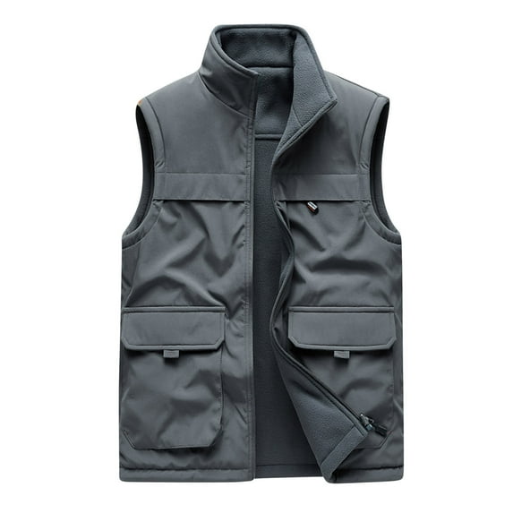 IYTR Men's Outdoor Fleece Vest Warm Sleeveless Jacket Stand Collar Multi-Pockets Waistcoat Male Winter Coats Windproof Thermal Vest Gray XXL