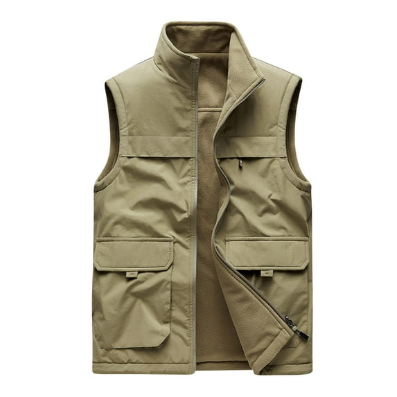 IYTR Men's Outdoor Fleece Vest Warm Sleeveless Jacket Stand Collar Multi-Pockets Waistcoat Male Winter Coats Windproof Thermal Vest Khaki XXXXXL