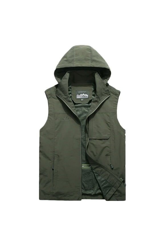 Men's Outdoor Lightweight Hooded Vest Windproof Water-Resistant Sleeveless Gilet Photography Hiking Travel Vest with Pockets Army Green XXL
