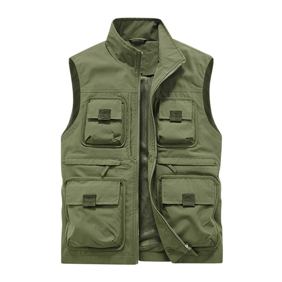 IYTR Men's Outdoor Lightweight Stand Collar Multi-Pocket Quick Dry Travel Vest with Zipper Pockets Fishing Hiking Vest Waistcoat Army Green XXXXL