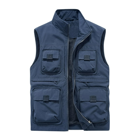 IYTR Men's Outdoor Lightweight Stand Collar Multi-Pocket Quick Dry Travel Vest with Zipper Pockets Fishing Hiking Vest Waistcoat Dark Blue XXXXL