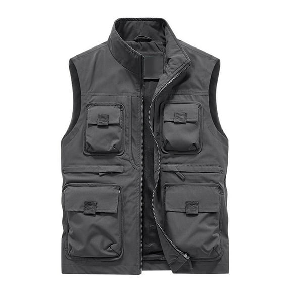 IYTR Men's Outdoor Lightweight Stand Collar Multi-Pocket Quick Dry Travel Vest with Zipper Pockets Fishing Hiking Vest Waistcoat Gray XXXL
