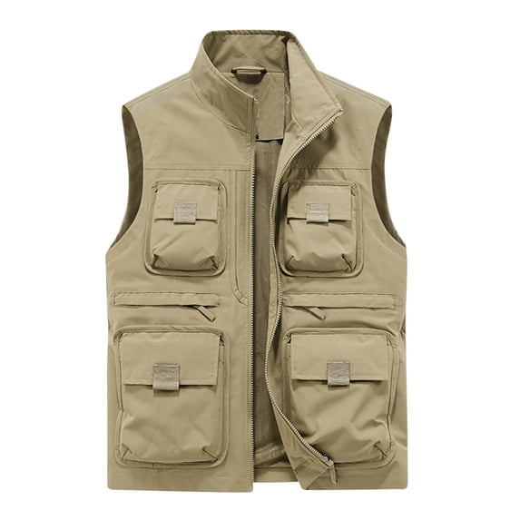 IYTR Men's Outdoor Lightweight Stand Collar Multi-Pocket Quick Dry Travel Vest with Zipper Pockets Fishing Hiking Vest Waistcoat Khaki XXXL