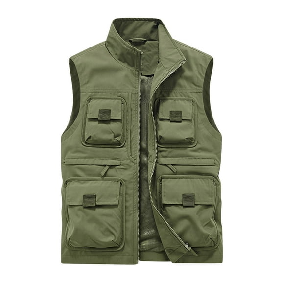 IYTR Men's Outdoor Lightweight Stand Collar Multi-Pocket Quick Dry Travel Vest with Zipper Pockets Fishing Hiking Vest Waistcoat Army Green L