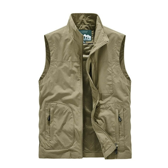 IYTR Men's Outdoor Quick Dry Lightweight Stand Collar Multi-Pocket Fishing Vest Travel Photographer Waistcoat Khaki XL