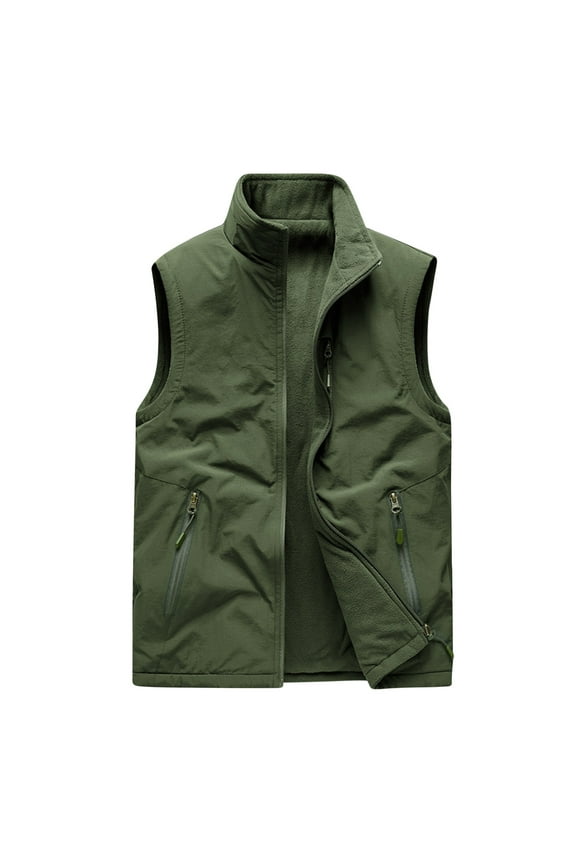 Men's Outdoor Sports Fleece Vest Warm Sleeveless Jacket Stand Collar Zipper Pockets Gilet Coats Army Green XXXL