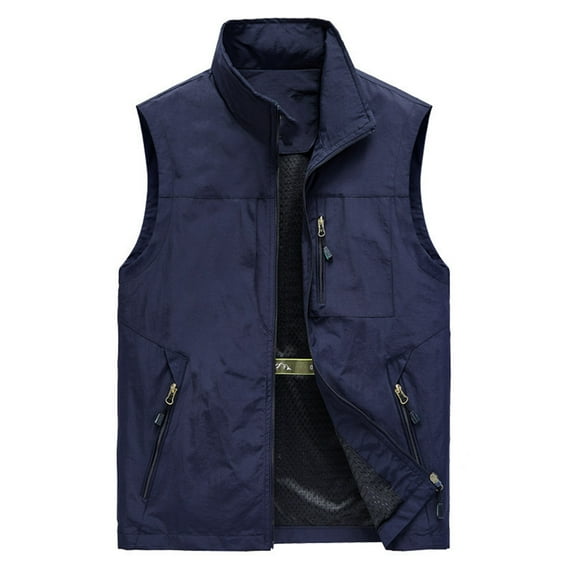 IYTR Men's Outdoor Sports Vest Lightweight Stand Collar Sleeveless Quick Dry Multi-Pockets Fishing Hiking Travel Vest with Detachable Hood Dark Blue XL