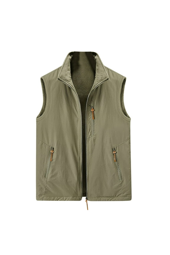 Men's Outdoor Stand Collar Fleece Vest Warm Sleeveless Gilet Zipper Pockets Fishing Travel Photographer Waistcoat Khaki XXXXL