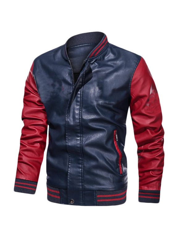 Men's PU Leather Jacket Baseball Jacket Zipper Motorcycle Jacket Red Blue Colorblock Long Sleeve Fashion Outwear Men's Clothing Blue XXL