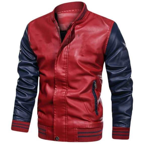 IYTR Men's PU Leather Jacket Baseball Jacket Zipper Motorcycle Jacket Red Blue Colorblock Long Sleeve Fashion Outwear Men's Clothing Red XXL