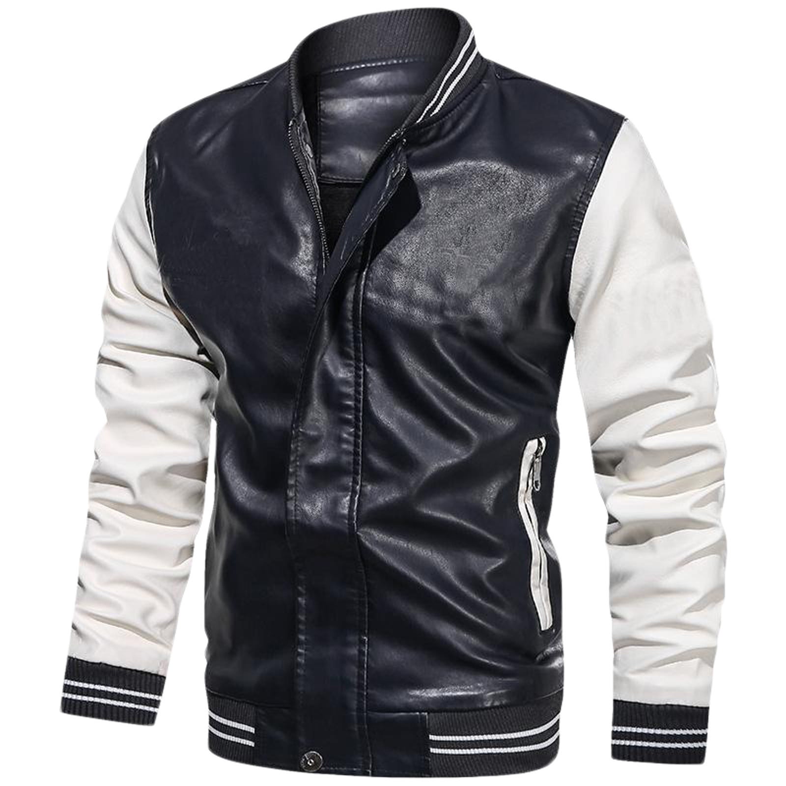 IYTR Men's PU Leather Jacket Baseball Jacket Zipper Motorcycle Jacket Red Blue Colorblock Long Sleeve Fashion Outwear Men's Clothing White XXL