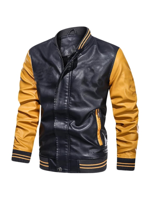 Men's PU Leather Jacket Baseball Jacket Zipper Motorcycle Jacket Red Blue Colorblock Long Sleeve Fashion Outwear Men's Clothing Yellow M
