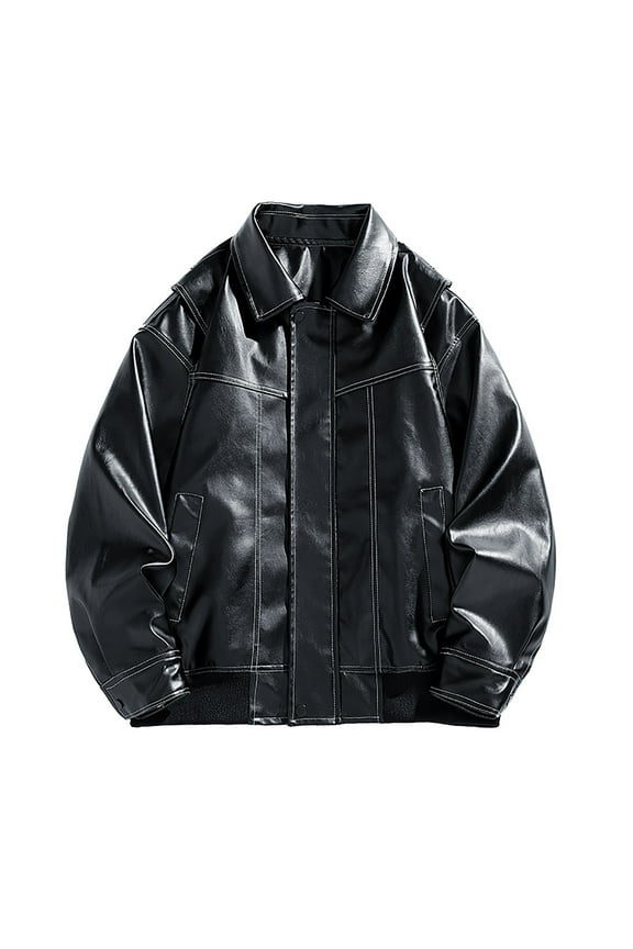 Men's PU Leather Jacket Baseball Jacket Zipper Stand Collar Long Sleeve Outwear Black Large Size Black XXXL