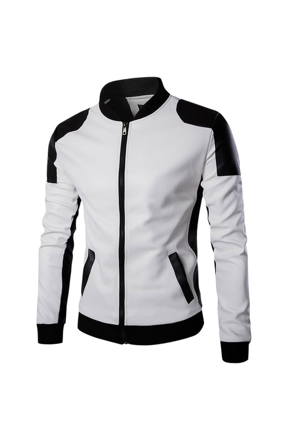 Men's PU Leather Jacket Black White Zipper Stand Collar Slim Motorcycle Biker Outwear Spring Fall White L