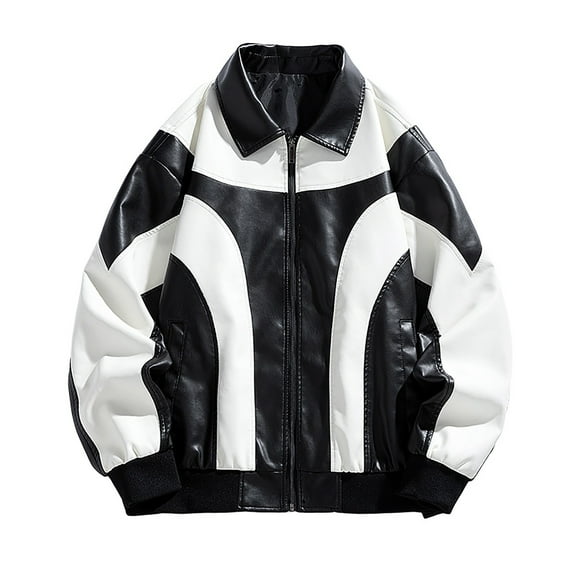 IYTR Men's PU Leather Jacket Red Black Zipper Slim Motorcycle Biker Outwear Coat Fashion Trendy White XXL