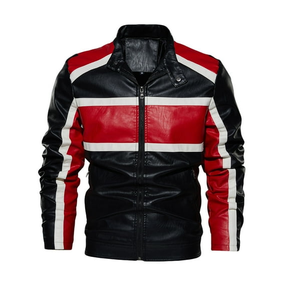 IYTR Men's PU Leather Jacket Striped Motorcycle Biker Jacket Zipper Closure Stand Collar Slim Outwear Motorcycle Jacket Black White Red M