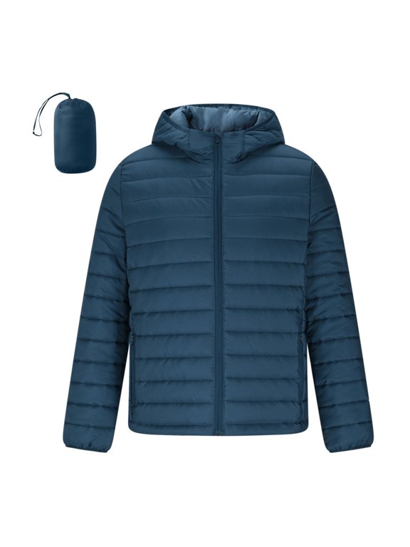 Men's Packable Hooded Puffer Jackets Lightweight Quilted Long Sleeve Outerwear Travel‑Friendly Coats with Storage Pouch for Cold‑Weather Daily,Size:S-XXL