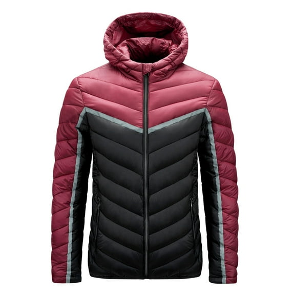 IYTR Men's Padded Jacket Zipper Hooded Neck Pacthwork Warm Hooded Coat with Pocket Long Sleeve Jacket Black XXL