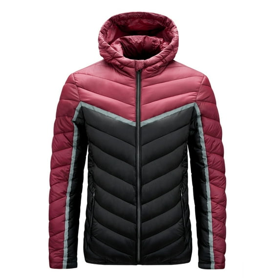 IYTR Men's Padded Jacket Zipper Hooded Neck Pacthwork Warm Hooded Coat with Pocket Long Sleeve Jacket Black XXL