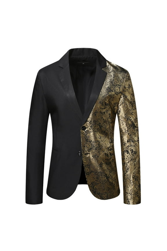 Men's Paisley Print Blazer Gold Black Party Suit Jacket One Button Slim Fit Tuxedo for Wedding Prom Black M