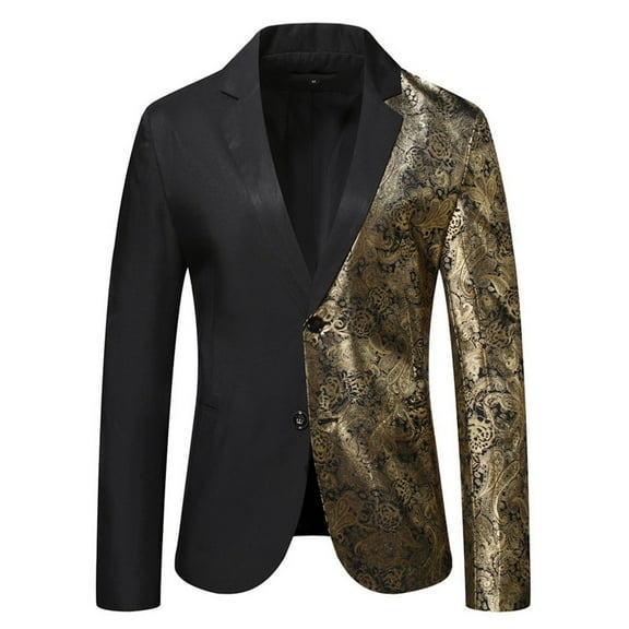 IYTR Men's Paisley Print Blazer Gold Black Party Suit Jacket One Button Slim Fit Tuxedo for Wedding Prom Black XXL