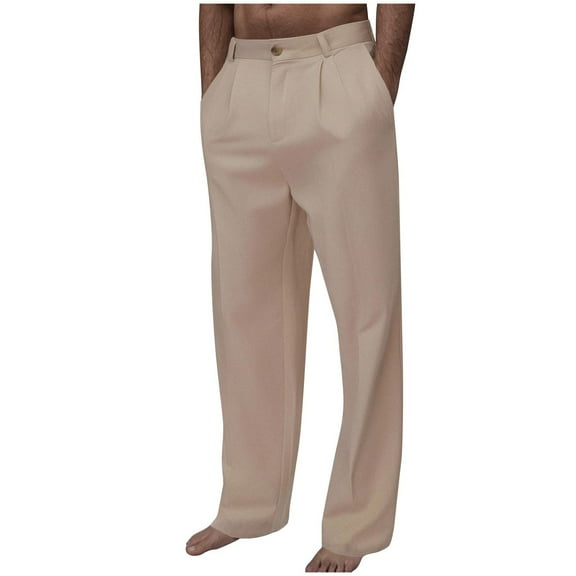 IYTR Men's Pants Cotton Linen Zipper Button Pockets Outdoor Straight Trousers Casual Hiking Comfy Solid Color Sweatpants Fashion Baggy Pants Trousers (Khaki,XL)