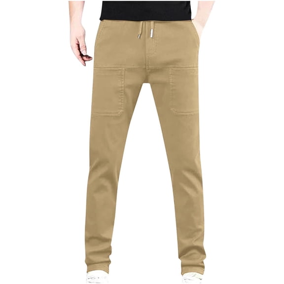 IYTR Men's Pants Outdoors Elastic Waist Pocket Cargo Pants Fashion Comfy Sweatpants Casual Hiking Baggy Pants Solid Color Trousers (Khaki,XS)