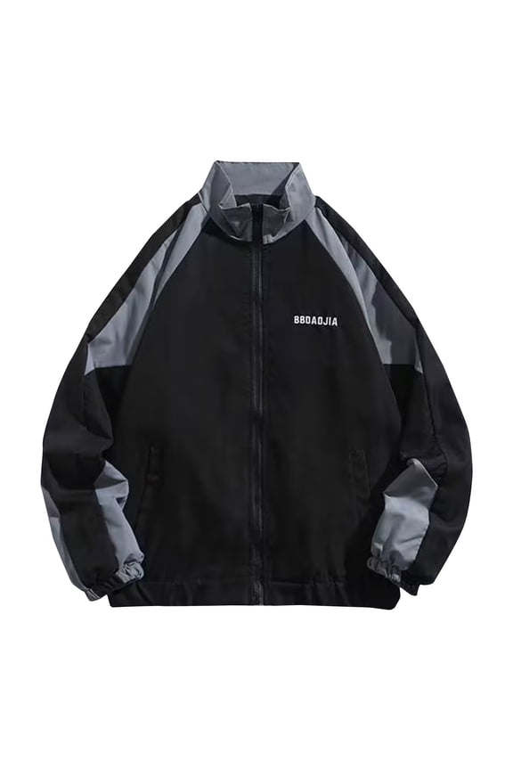 Men's Patchwork Baseball Jacket Full Zipper Up Stand Collar Long Sleeeve Lightweight Windbreaker Sport Jacket for Spring Fall Black M