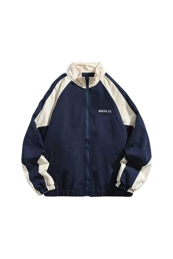 Men's Patchwork Baseball Jacket Full Zipper Up Stand Collar Long Sleeeve Lightweight Windbreaker Sport Jacket for Spring Fall Navy L