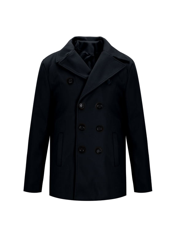 Men's Peacoat Double Breasted Wool Classic Winter Coat Turndown Collar Long Sleeve Overcoat Casual Warm Coat Black L